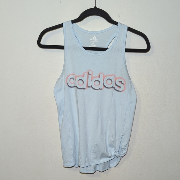Adidas Blue Logo Racerback Tank Top with Knotted Waist Girls Size L 14 - Picture 1 of 3